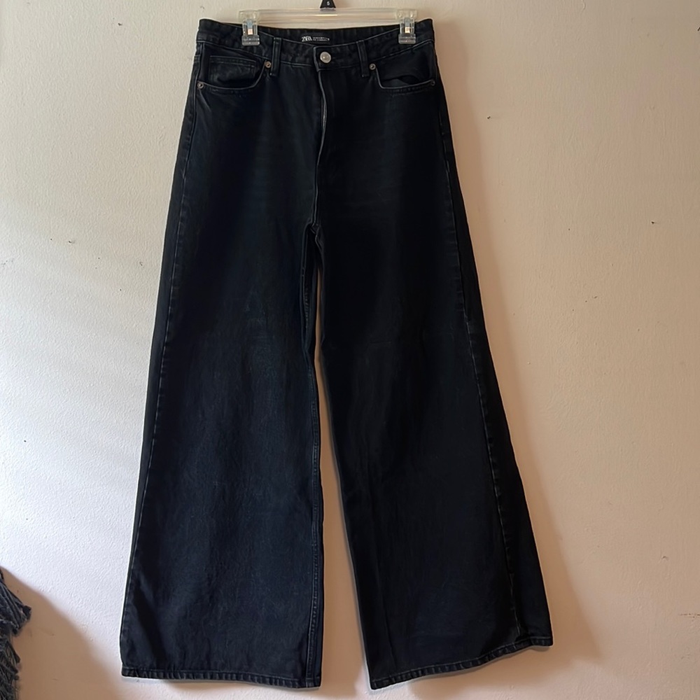 High-waisted, ultra-wide leg black Zara jeans.